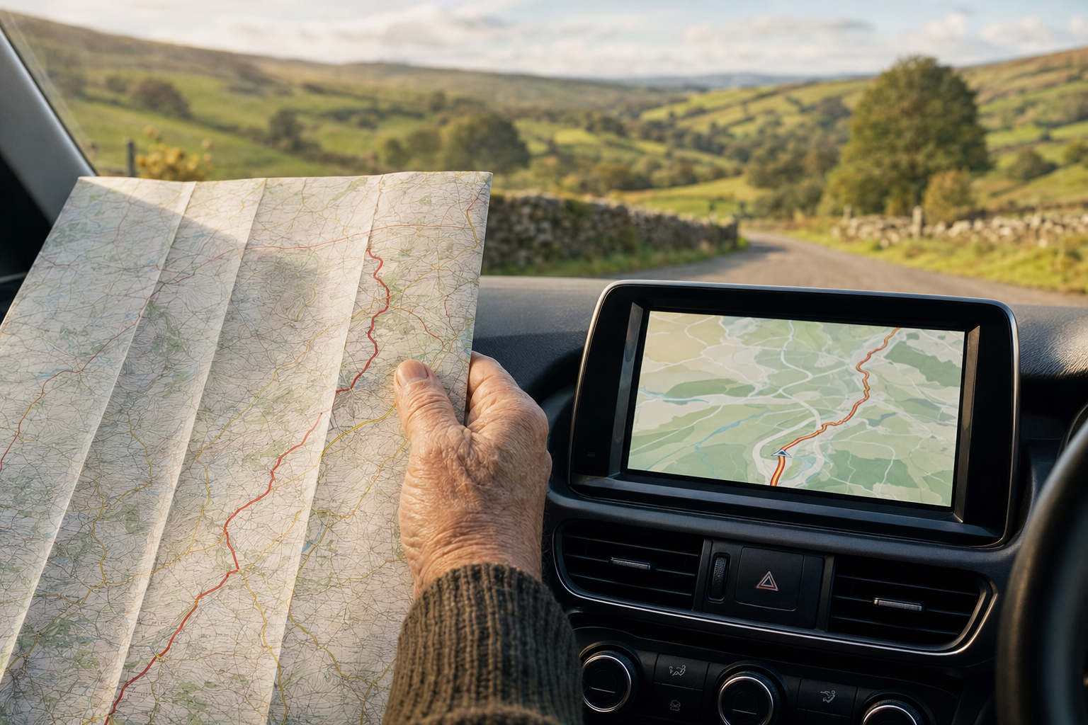 A paper road map held alongside a satnav in the British countryside